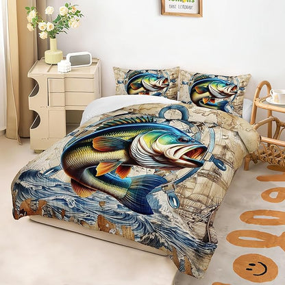 Bass Big Fish Comforter Set for Kids Boys Queen Size, Nautical Hunting and Fishing Pattern Bedding Sets, 3Pcs Vintage Wooden Comforter Soft Decor Underwater Animals Theme Quilt Set