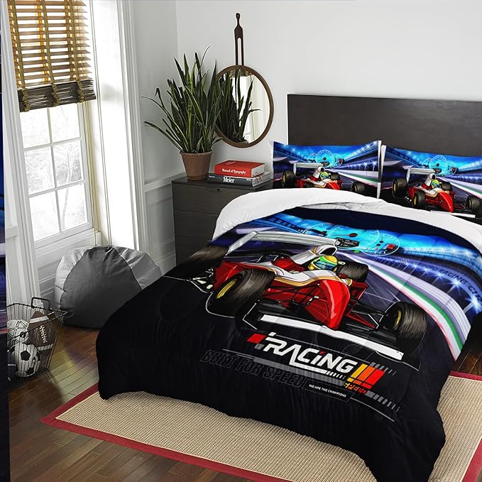 AILONEN Racing Car Comforter Set Twin Size, Gorgeous Race Track and Cool Race Trucks for Kids Boys Girls Teens Bedroom All Season,3 Pieces,1 Quilt and 2 Pillowcases,Soft,Breathable