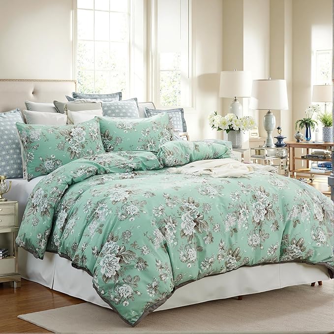 Floral Duvet Cover King Size Soft 100% Nature Cotton Vintage Style Green Bedding Set with Zipper Closure 3 Pcs Cottagecore Botanical Duvet Covers, Ultra Soft, Breathable