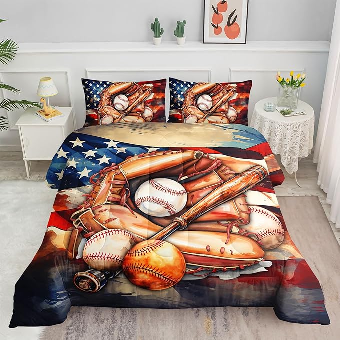 Kids Comforter Set American Flag Baseball Printed Pattern Bedding Set with 1 Comforter and 2 Pillowcases for Girls Boys Bedroom All Season(C-American Flag Baseball01 Full)