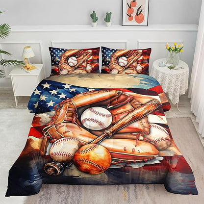 Kids Comforter Set American Flag Baseball Printed Pattern Bedding Set with 1 Comforter and 2 Pillowcases for Girls Boys Bedroom All Season(C-American Flag Baseball01 Queen)