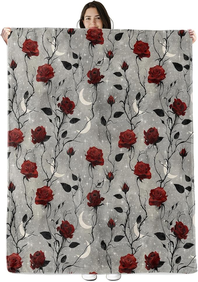 Gothic Rose Moon Blanket Gifts for Boys Girls Kids, Red Flower and Starry Night Warm Soft Flannel Throw Blankets for Travel, Sofa, Living Room, Bedroom Decor, 40x50 in