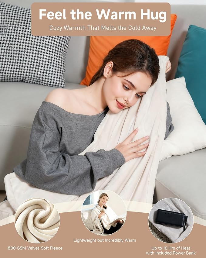 Cordless Heated Blanket with Hood, USB Battery Powered Heated Wearable Blanket with 9 Heating Zones, 20000 mAh Power Bank, 3 Levels, Portable Heated Throw Blanket, Heated Shawl, Camping Blanket, Gift