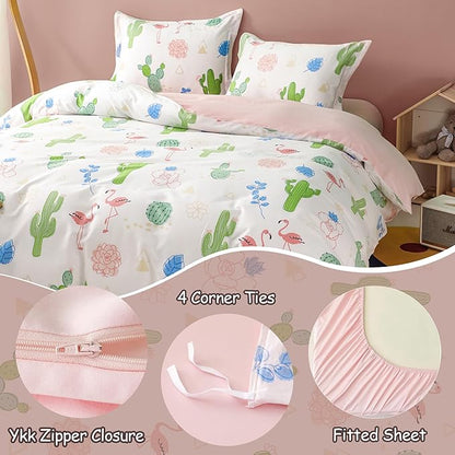 Simple&Opulence 100% Organic Cotton Duvet Cover for Kids Teens, 4 Pieces Soft Comforter Cover with Zipper Closure Warm Adorable Flamingo Bedding Set - Cactus, Full/Queen