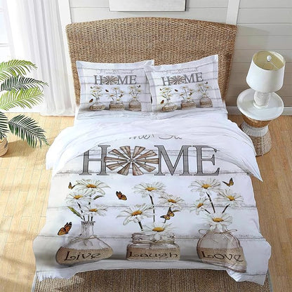 Daisy Flower Theme 3 Pieces Duvet Cover Comforter Set with 2 Pillowcase Queen Size White Floral Bed Sheet Quilt Bedroom Bedding for Lover Kids