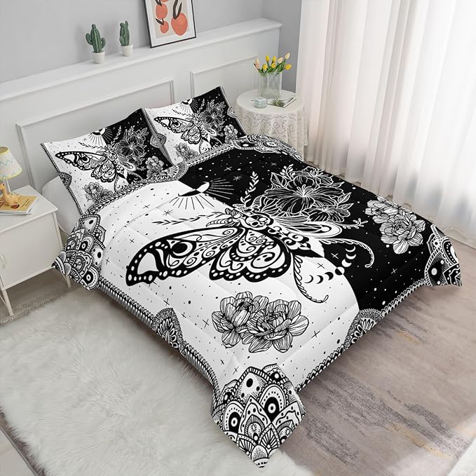 Black White Butterfly Comforter Set - Bohemian Printed Bedding Set with 1 Comforter and 2 Pillowcases for Boys and Girls Bedroom - All Season (Queen)