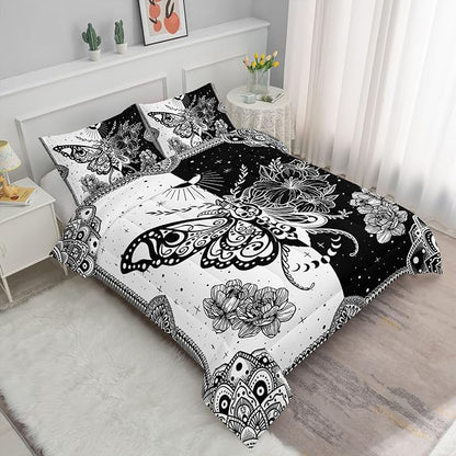 Black White Butterfly Comforter Set - Bohemian Printed Bedding Set with 1 Comforter and 2 Pillowcases for Boys and Girls Bedroom - All Season (Queen)
