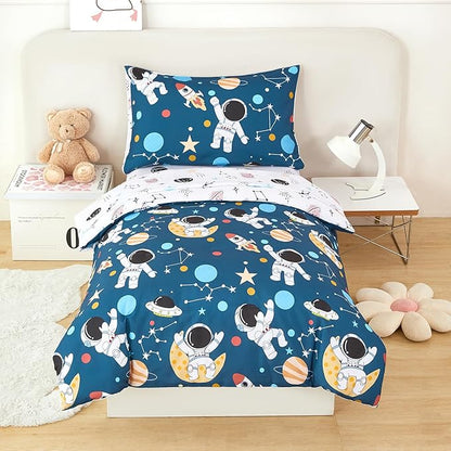 URBONUR 4-Piece Toddler Bedding Set for Boys Space Themed Rocket Astronaut Toddler Comforter Set with Sheets Soft Lightweight Perfect for Kids 2-6 Year Old Toddler Bed in a Bag