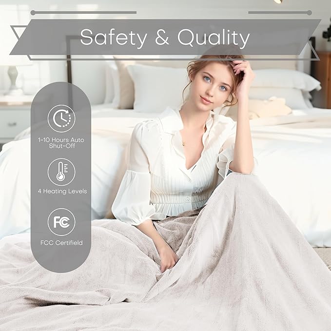 Electric Heated Blanket King Size 90"x100" - Coral Fleece & Sherpa Fabric Dual-Sided, 4 Heat Settings & 10 Hours Auto Off, Soft Warming Throw for Home, Office, or Bed, Machine Washable, White