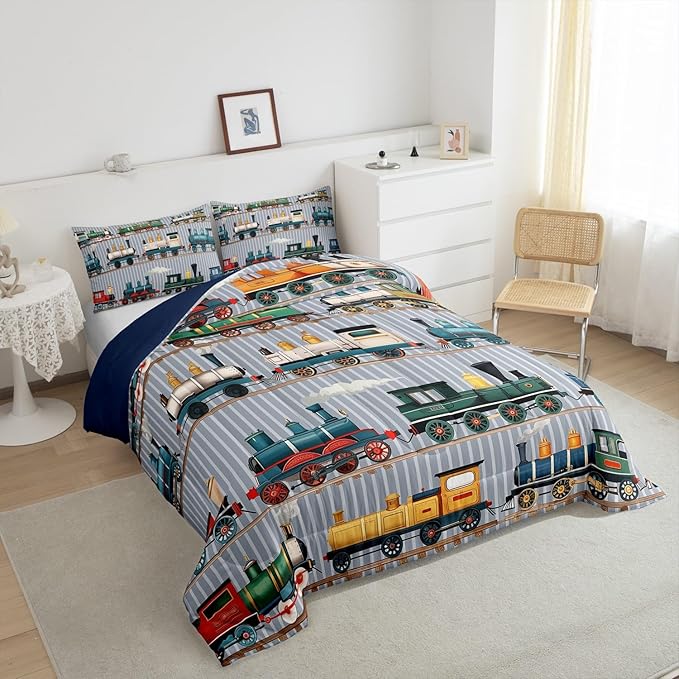 Erosebridal Kids Train Comforter Set - King Size for Boys & Girls - Colorful Steam Engine Bedding Sets - Cartoon Train Transportation Comforter with 2 Pillow Cases, Gray, Green, Blue, Yellow, White
