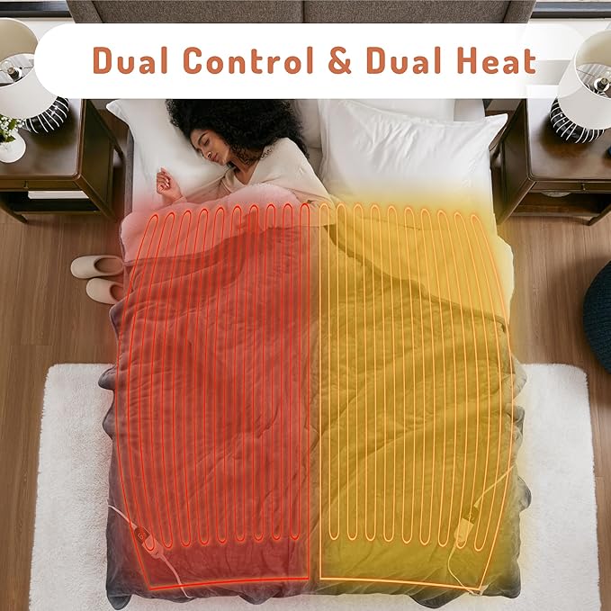 Degrees of Comfort Electric Heated Blanket Queen Size with Dual Control - Soft Flannel Heating Blankets with 6 Heat Settings, 10-Hour Auto Shut-Off, Overheat Protection, ETL Certified - 84x90'', Grey