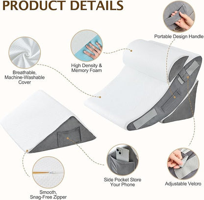 Bed Wedge Pillow, 4PC Adjustable Memory Foam Triangle Wedge Pillow Set For After Surgery, Pillow Wedge For Sleep Apnea, Back Pain Relief, Acid Reflux Relief, Orthopedic Pillow Wedge For Sleeping, Grey