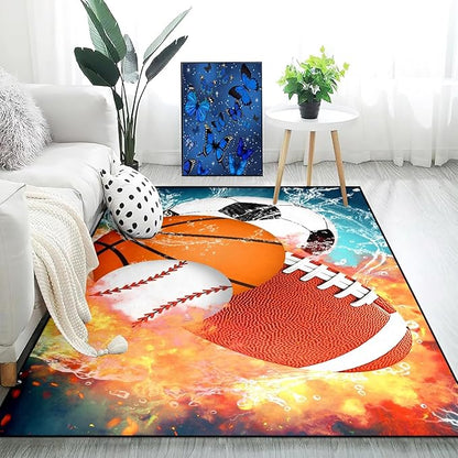 Basketball Rug for Boys Bedroom 3'x5' Kids Football Carpet Water Fire Sports Rugs for Boys Bedroom Baseball, Soccer Rug for Playroom Living Room Decor Sofa Mat
