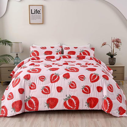 SDIII 3PCS Pink Strawberry Comforter Set Twin, Soft Microfiber Lightweight Pink Twin Comforter Set, Strawberry Bedding Quilt for Girls Boys Kids Teens