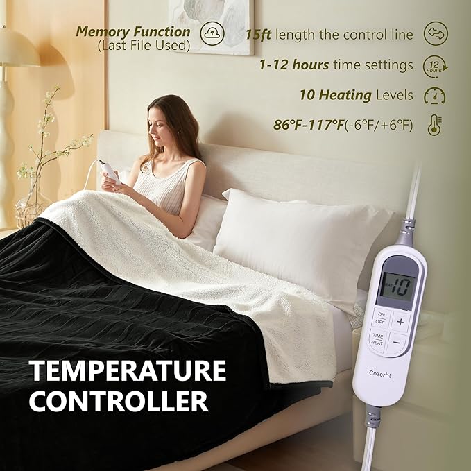 Heat Blanket 50”x60” Throw,Soft Flannel & Sherpa Reversible Electric Blanket with 10 Heat Settings,12 Timer Setting and 3 Hours Auto-Shut Off,ETL Certified Machine Washable,Black