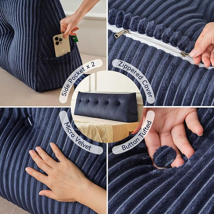 Z-hom King Headboard Pillow, Triangular Wedge Reading Pillow for Bed or Sofa, Ergonomic Backrest Cushion for Sitting Up, Reading or Relaxing, with Side Pocket，Removable Washable Cover,Blue