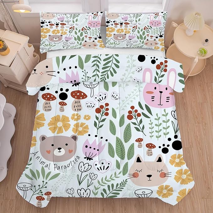 Cartoon Cat Comforter Set Queen Size Floral Bedding for Teen Girls Boys Women Green Animals Print Bedroom Quilt 1 Comforter + 2 Pillow Cases