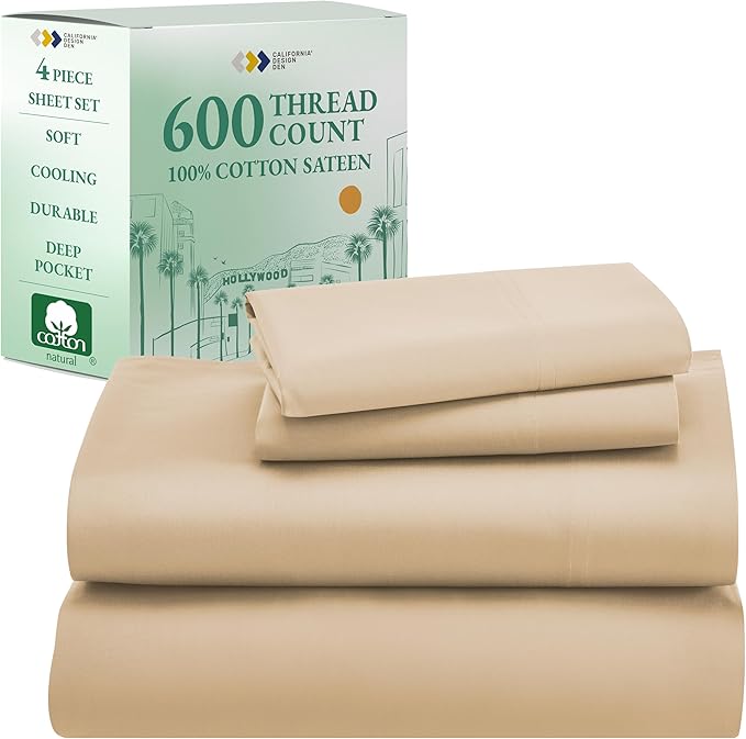 California Design Den King Size Sheets Set 600 Thread Count, 100% Cotton Sateen, Soft, Cooling King Size Bed Sheets, Hotel-Quality Bedding Sheets & Pillowcases (Golden Tan)