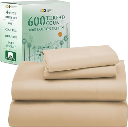 California Design Den King Size Sheets Set 600 Thread Count, 100% Cotton Sateen, Soft, Cooling King Size Bed Sheets, Hotel-Quality Bedding Sheets & Pillowcases (Golden Tan)