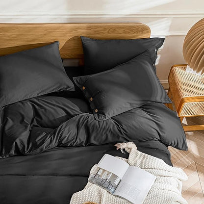 JELLYMONI Cotton Duvet Cover Twin Size - Pure Black Comforter Cover with Button 100% Washed Cotton 2PCS Breathable Soft Solid Bedding Set Duvet Cover 68×90in & 1 Pillowcase (NO Comforter)