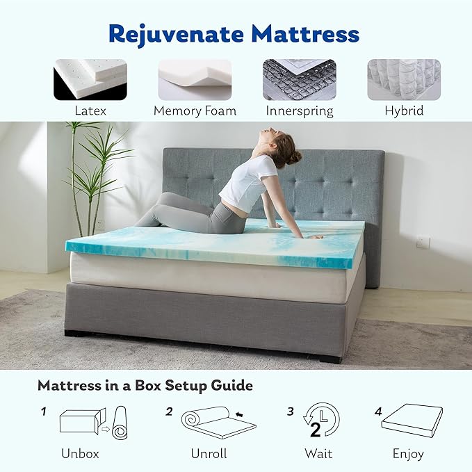 MLILY 4 Inch Queen Memory Foam Mattress Topper with Gel Infusion, Cooling Pad in a Box, CertiPUR-US Certified, 60”x80”, Blue