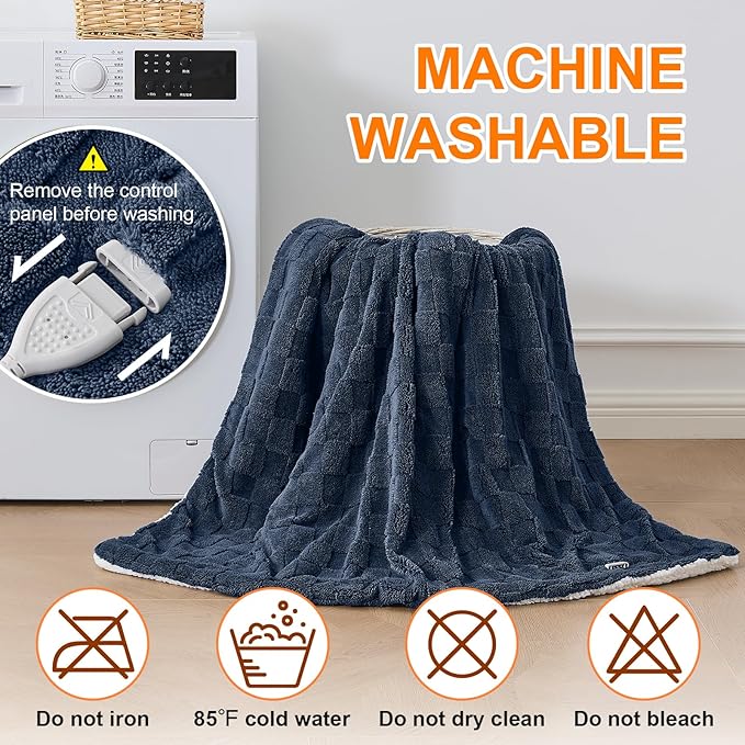 Electric Heated Blanket Queen Size Dual Control - Jacquard Checkered Sherpa 84"x90" Fast Heating Bed Blankets with 6 Heating Levels & 10 Hours Auto Off, Over-Heat Protection ETL, Navy Blue