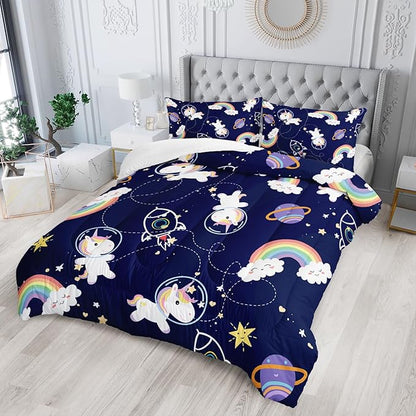 Unicorn Comforter Set Full Size for Kid Girls Space Rocket Rainbow Star Pattern Quilt Bedding Set with 1 Comforter and 2 Pillowcases