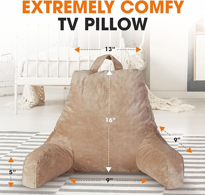 Cheer Collection Reading Pillow with Arms – Portable Bed Pillow for Sitting Up & Support, Foam-Filled Back Rest Pillow for Sitting in Bed & Couch, Machine Washable, Taupe