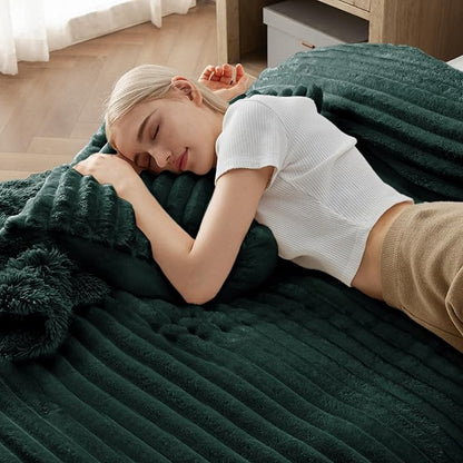 Bedsure Fluffy Duvet Cover Set - Ultra Soft Plush Shaggy Comforter Cover Queen Size, Warm Flannel Fleece Bed Sets for Winter, 3 Pieces (Striped Pattern, Forest Green)