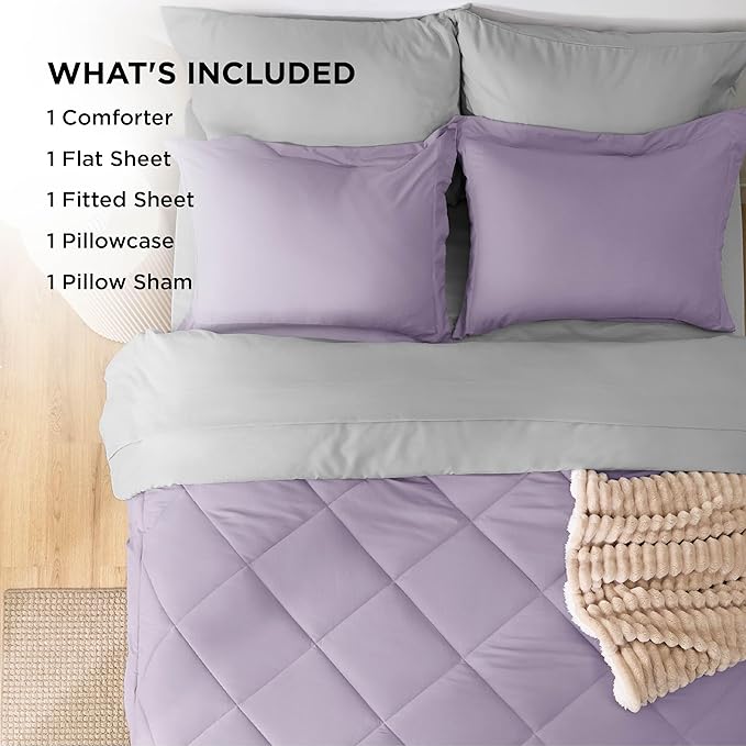 Bedsure Twin Comforter Set - 5 Pieces Reversible Light Purple Bedding, Twin Size Bed Set for All Seasons, Bed in a Bag with Down Alternative Comforter, Sheets, Pillowcase & Sham