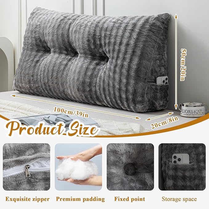 Wenqik Wedge Pillow Triangular Headboard Bed Reading Backrest Wedge Bolster Pillow with Removable Cover Back Support for Daybed Bunk Bed(Gray,Twin)