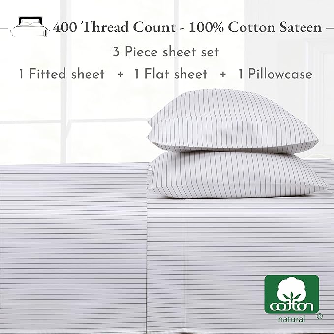 California Design Den Deep Pocket Twin Sheets Set - 400 Thread Count Sateen, Natural 100% Cotton Sheets, and Durable Bedding Set - Pinstriped