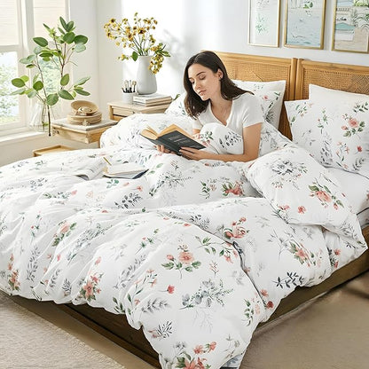 Floral Queen Duvet Cover, 100% Cotton 3 Pieces Floral Bedding Sets with Zipper Closure Vintage Style Garden Comforter Cover, Soft Breathable, Lightweight
