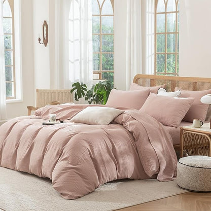 Duvet Cover King Size, Luxury Brushed Microfiber Double-Layer Crinkle Gauze Pink King Duvet Cover, 3 Pieces Bedding for All-Season, Soft Breathable with Zipper Closure (No Comforter)