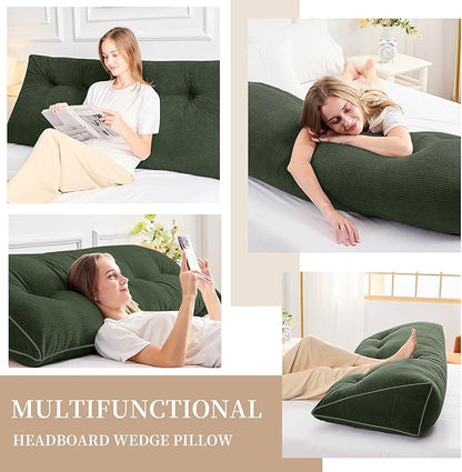 Sasttie Headboard Pillow Full, Wedge Pillow Headboard for Sitting Up in Bed, Back-Rest Support Triangular Cushion for Reading - Features Removable Washable Cover, Olive Green
