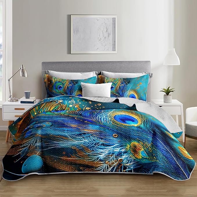Blue Green Peacock Feathers Quilt Bedding Queen 3Pcs Tropical Wild Animal Bed Set Tie-Dye Luxury Pattern Lightweight Bedspread Coverlet with 2 Pillowcases for Kid Boy Girl Teen Adult Room Decor