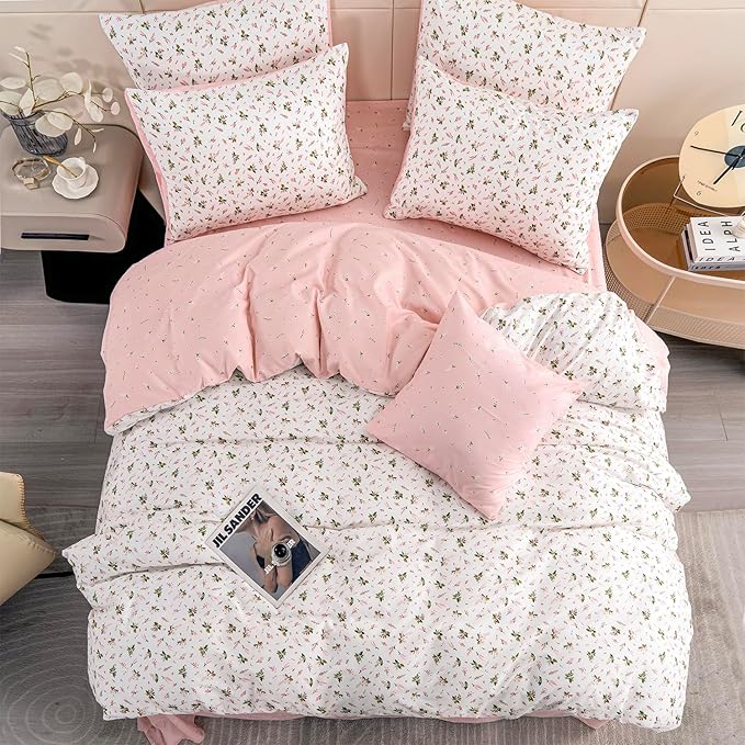 Queen Floral Duvet Cover Set, 100% Brushed Microfiber, 3 Pieces, Fresh Chic Garden Style, Pink Botanical Flower Print, Zipper Closure, Queen Size