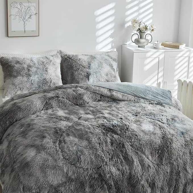 Wajade Faux Fur Plush White Comforter Set Fluffy Fuzzy Shaggy Bedding Set - 3PC Full/Queen Microfiber Soft Warm Quilt Set (Tie Dye Grey White, King)