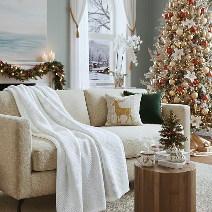 Cloud Scape Linen Herringbone Cotton Throw Blanket for Couch, Bed,Sofa, Home Decor, Soft, Heavy, All-Season, Winter Bed Blanket, Best Gift for Christmas, 50 x 70, White