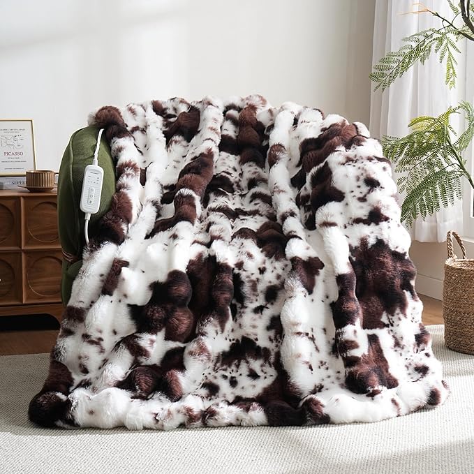 Cow Print Heating Throw Blankets Luxurious Western Soft Bubble Faux Rabbit Fur 8 Heat Settings Overheat Protection Quick Heating Electric Heated Blanket 50"x60"(Brown)