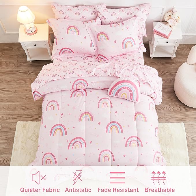 Mooreeke Bed in a Bag for Kids Girls Teens, 6 Pieces Twin Size Comforter Bed Set with Shams, Sheet Set and Decorative Toy Pillow, Rainbow Pink Super Soft Microfiber Kids Comforter Bedding Set