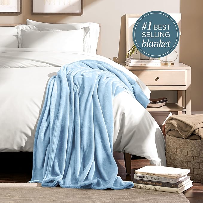 Bare Home Fleece Blanket - Full/Queen - Ultra-Soft Lightweight for Bed, Sofa, and Couch - Luxury Microplush - Cozy Warm Blanket (Full/Queen, Light Blue)