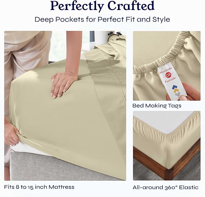California Design Den Twin XL Sheet Sets - 400 Thread Count Sateen, 100% Cotton Bed Sheets, Deep Pockets, Soft & Breathable, and Durable Bedding Set - Beige (Golden Tone)