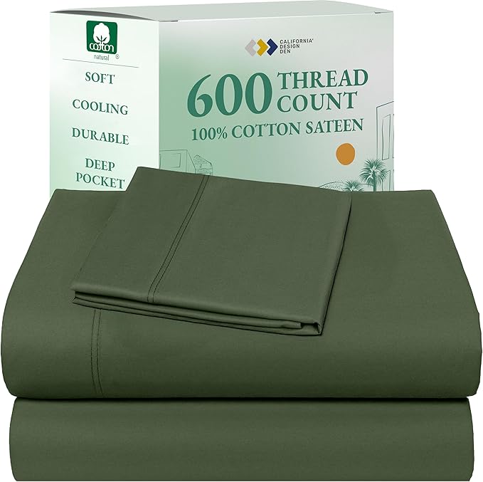California Design Den 100% Cotton Twin Sheets Set - Luxury 600 Thread Count, Sateen Weave, Deep Pocket Twin Bed Sheets Cotton Set, Hotel Quality Bedding - Dark Olive Green