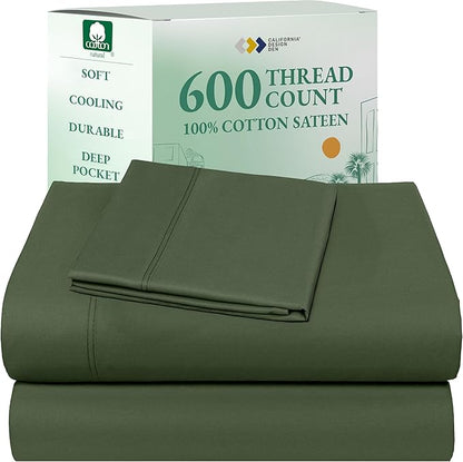 California Design Den 100% Cotton Twin Sheets Set - Luxury 600 Thread Count, Sateen Weave, Deep Pocket Twin Bed Sheets Cotton Set, Hotel Quality Bedding - Dark Olive Green