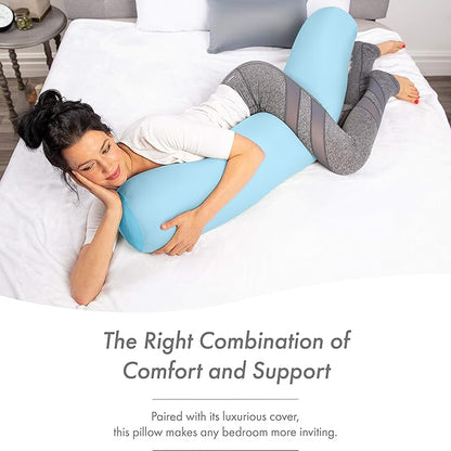 Straight Body Pillow, Full Size Premium Microbead,Side Sleeping/Maternity Pregnant Women, Supportive,Fluffy, Breathable, Cooling, 85/15 Spandex/Nylon Silky Anti-Aging - 48 X 8 - Sweet Baby Blue