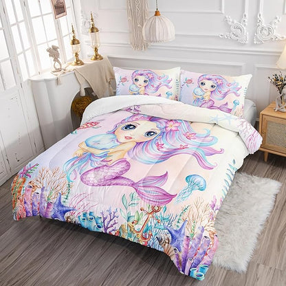 Mermaid Comforter Set Queen Size Jellyfish Turtle Bedding Set Fish Grass Quilt Bed Set for Kid Girls with 1 Comforter and 2 Pillowcases