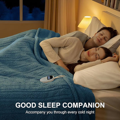 King Size Electric Blanket Single Control - 100"X90" Soft Double Sided Sherpa Heated Blanket with 6 Heating Levels & 10 hrs Timer Settings, Washable & Overheat Protection, Blue