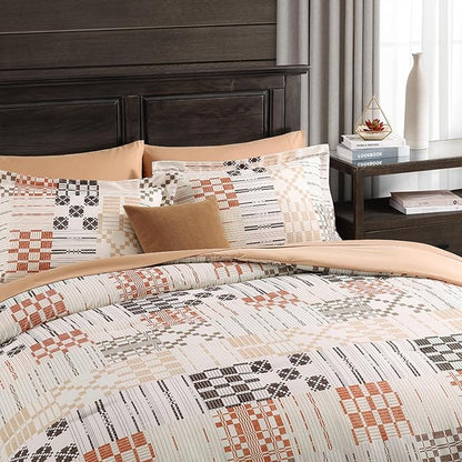 MaiRêve Queen Comforter Set, Classic Plaid Farmhouse Bedding Sets 7 Pieces, Beige All Season Bed in A Bag with Sheets, Pillowcases & Shams