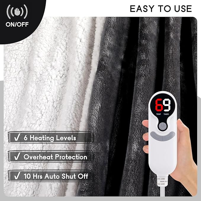 Heated Blanket Electric Blanket Full Size 72''x84'', Soft Flannel Heating Blanket with 1-10 Hour Auto Off - 6 Heat Settings - Machine Washable - Dark Grey